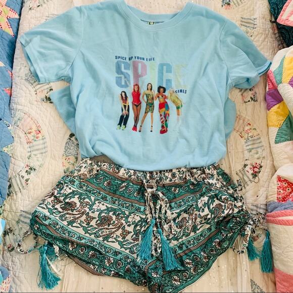 OOBERSWANK TURQUOISE RAYON BOHO PRINT SHORTS FRINGE TASSELS S NWOT - Picture 3 of 8